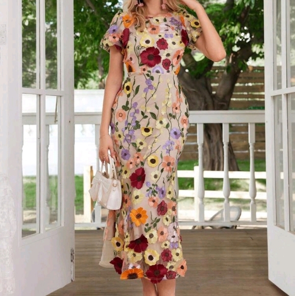 Women's Floral Embroidery Maxi Dress Wedding Guest Dress Evening Party Dress - Picture 1 of 6